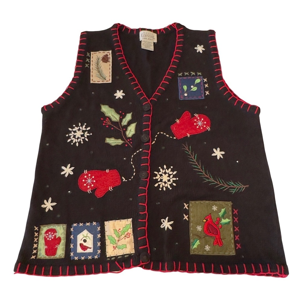 Basic Editions Holiday Womens Large Black Ugly Christmas Sweater Vest Applique